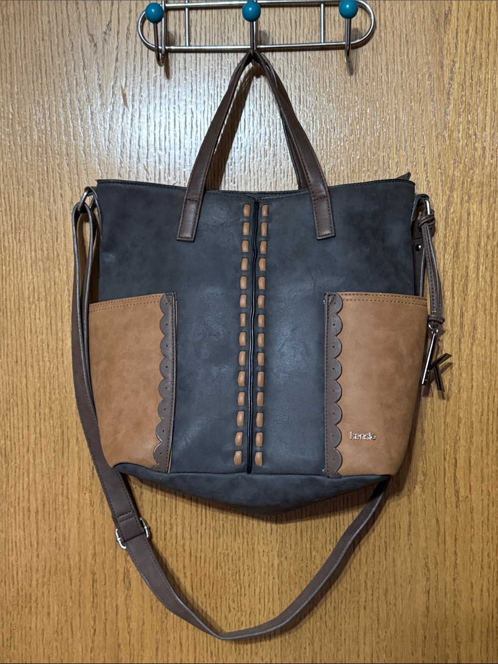 Kensie Two-Tone Black & Brown Scalloped Pocket Tote with Removable Strap